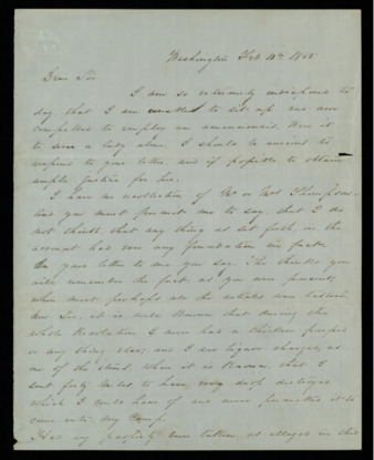 Letter from Sam Houston to Zimri Hunt replying to Hunt’s letter about Martha Stephenson