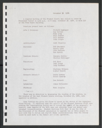 First Senate, University of Houston Student Government Association, Minutes, November 30, 1964