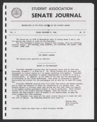 Senate Journal, Third Senate, University of Houston Student Government Association, Minutes, Vol. 3, No. 19, November 7, 1966