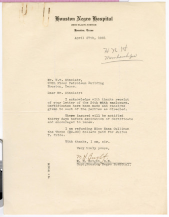 Letter from M. H. Bright to W. T. Sinclair, 1931 April 27