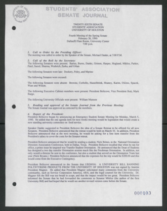 Senate Journal, Vol. 1, Twenty-sixth Senate Students' Association, University of Houston, Fourth Meeting, Spring Senate, Feburary 26, 1990