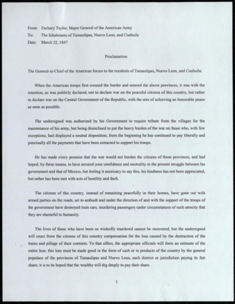 Translation of Proclamation from Zachary Taylor, Major General of the American Army to the citizens of Tamaulipas, Nuevo Leon and Coahuila, March 22, 1847
