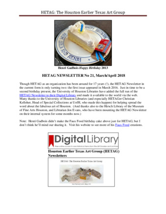 HETAG: The Houston Earlier Texas Art Group Newsletter, No. 21, March-April 2018