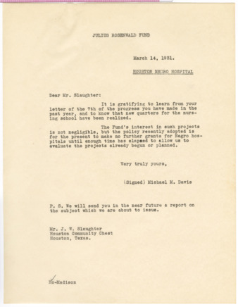 Letter from Michael M. Davis to Mr. Slaughter, 1931 March 14