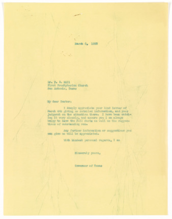 Letter from Governor James V. Allred to Pierre B. Hill, 1938 March 6