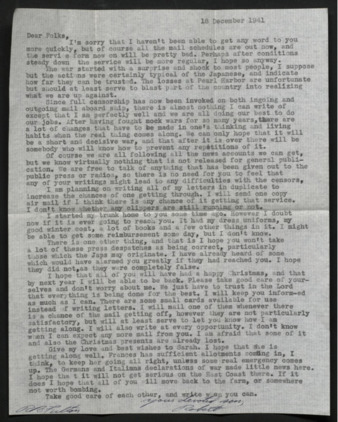 Carbon copy of the letter "Lt. Robert B. Fulton to Mr. and Mrs. Fulton, William L., 1941 December 18"