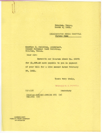 Letter from R. E. Powell to Maurice J. Sullivan, 1931 March 6