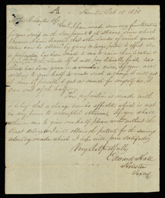 Letter from Edward Hall regarding surveying the San Jacinto River and its streams