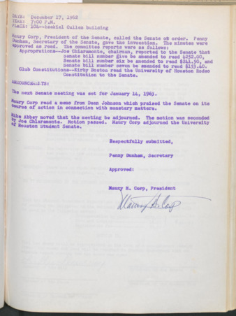 Hardbound Senate Journal, Student Senate, Minutes, December 17, 1962