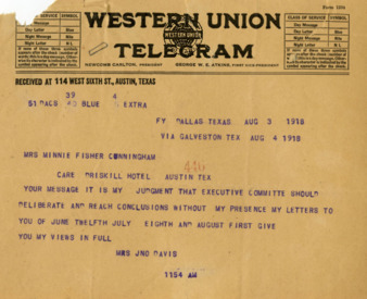Telegram from Mrs. John Davis to Minnie Fisher Cunningham, refusing to attend the board meeting called by Minnie Fisher Cunningham