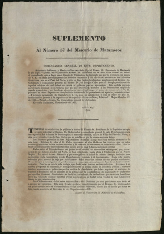 Suplemento al Numero 57 del Mercurio de Matamoros, Noviembre 6, 1835