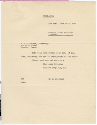 Memorandum from R. A. Shepherd to W. T. Sinclair, 1926 June 24