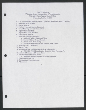 Order of Business [Agenda], 7th Senate Meeting of the 40th Administration, October 15, 2003