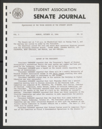 Senate Journal, Third Senate, University of Houston Student Government Association, Minutes, Vol. 3, No. 15, October 10, 1966