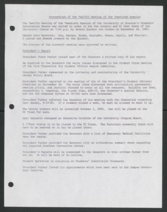 Senate Journal, Twentieth Senate, University of Houston Student Government Association, Minutes, Twelfth Meeting, September 26, 1983