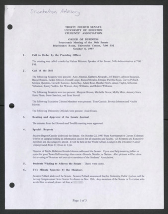 Thirty-fourth Senate, University of Houston, Students' Association, Order of Business, Fourteenth Meeting, October 8, 1997