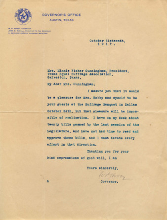Letter from Governor Hobby to Mrs. Cunningham, regarding Suffrage Banquet in Dallas on October 24, 1917