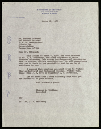 Letter from Clanton W. Williams to Mohamed Athumani, informing him that his letter was referred to Texas Southern University