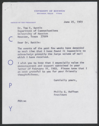 Correspondence praising Philip G. Hoffman's response to Afro-Americans for Black Liberation (AABL) and newspaper clippings