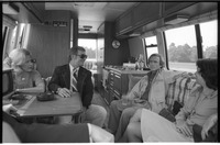 Dick Cavett and wife, Carrie Nye, talk to others in RV