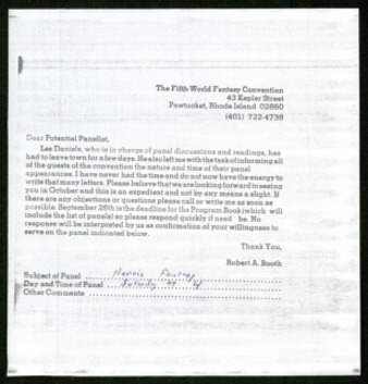 Letter from Robert Booth to Potential Panelists, regarding their panel appearances