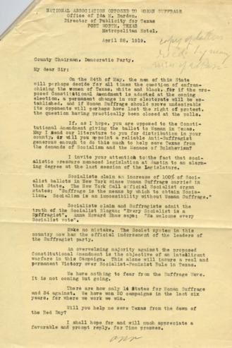 Letter from National Association Opposed to Woman Suffrage to County Chairman of the Democratic Party