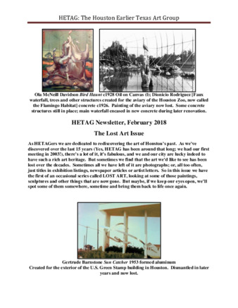 HETAG: The Houston Earlier Texas Art Group Newsletter, No. 20, February 2018