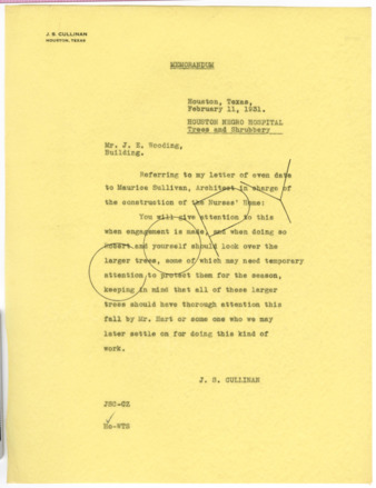 Memorandum from J. S. Cullinan to J. E. Wooding, 1931 February 11