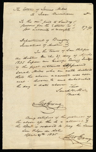 Colonial court approval of disbursement from the estate of James Miles