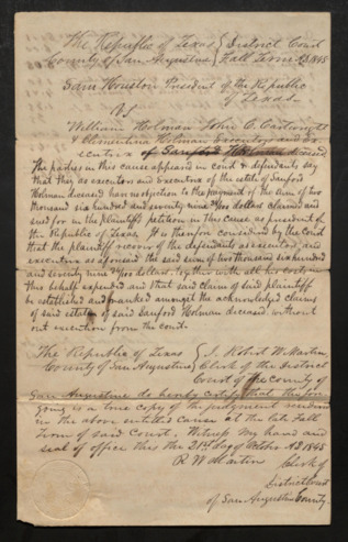 Probate Court case of Sam Houston vs. the executors of the Sanford Holman Estate