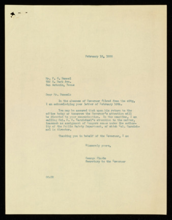 Letter from George Clarke to F. G. Hummel, 1938 February 18