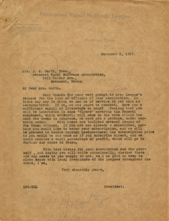 Correspondence between Headquarters Secretary and Mrs. J. W. Garth