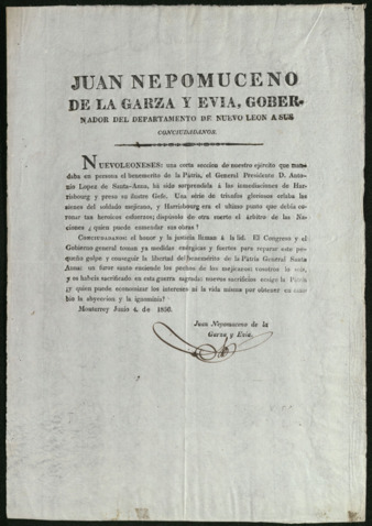 Juan Nepomuceno de la Garza y Evia, Gobernador del Departamento de Nuevo Leon a Sus Conciudadanos