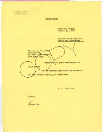 Memorandum from W. T. Sinclair to J. S. Cullinan, 1928 August 2