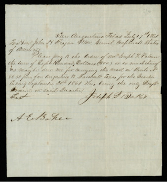 Bill submitted to John H. Reagan, Postmaster General of the CSA, and order to pay Joseph F. Palmer for mail delivery