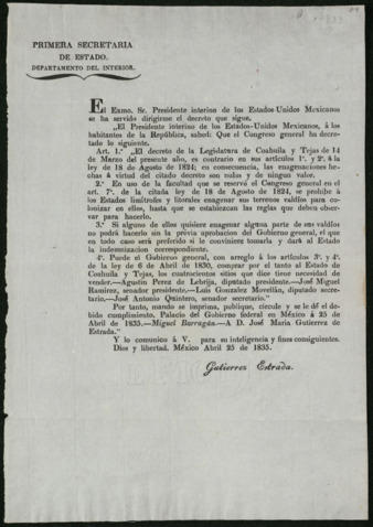Decree issued by Interim President of Mexico, Miguel Barragán, invalidating Decree of Coahuila and Texas legislature regarding sale of lands