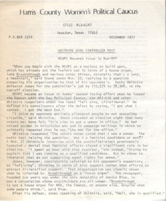 Harris County Women's Political Caucus, December 1977