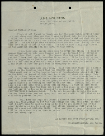 Letter from William M. Slough, S1C, to Dorothy Wagner Slough, 1936 February 14