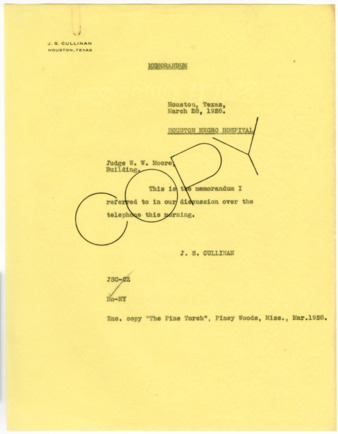 Memorandum from J. S. Cullinan to W. W. Moore, 1928 March 28