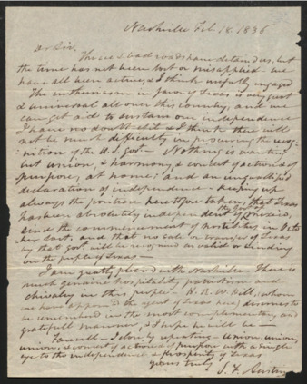 Letter from Stephen F. Austin to unidentified recipient regarding independence of Texas