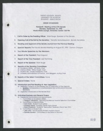 Twenty-seventh Senate, University of Houston, Students' Association, Order of Business, Thirteenth Meeting, September 10, 1990