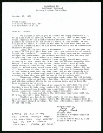 Letter from Stephen Bard to Fritz Leiber, inviting him to attend Norwescon III