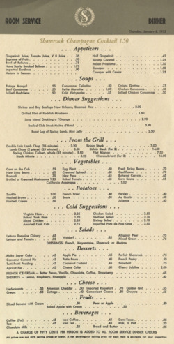 Shamrock Hotel dinner room service menu, January 8, 1953