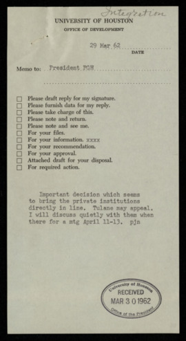 Memorandum from Patrick J. Nicholson to Philip G. Hoffman, concerning a possible decision that would affect private institutions