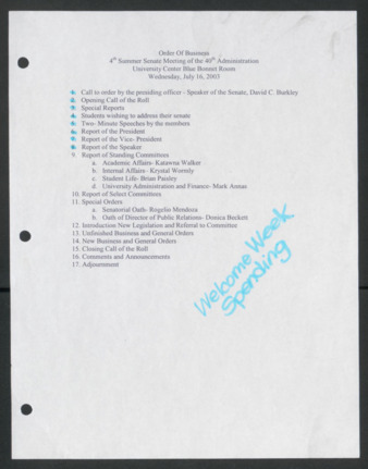 Order of Business [Agenda], 4th Summer Senate Meeting of the 40th Administration, July 16, 2003