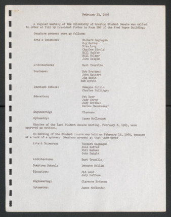 First Senate, University of Houston Student Government Association, Minutes, February 22, 1965