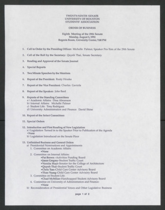 Twenty-ninth Senate, University of Houston, Students' Association, Order of Business, Eighth Meeting, August 3, 1992