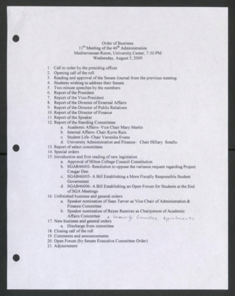 Order of Business [Agenda], 11th Meeting of the 46th Administration, August 5, 2009