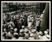 Texas Governor Coke Stevenson at the microphone at the USS Houston (CL-81) launching ceremony