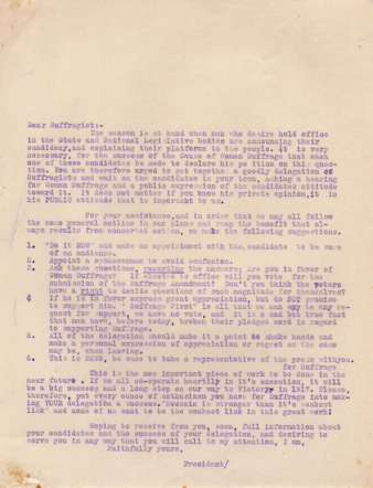 Circular letter to suffragists, suggesting how to find a candidate's public attitude towards Woman's Suffrage, Unsigned draft